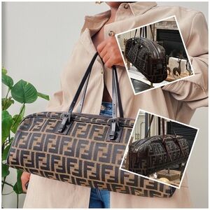 Authentic Vintage Fendi FF Zucca Large Bauletto Boston Bag, Brown Y2K. STUNNING